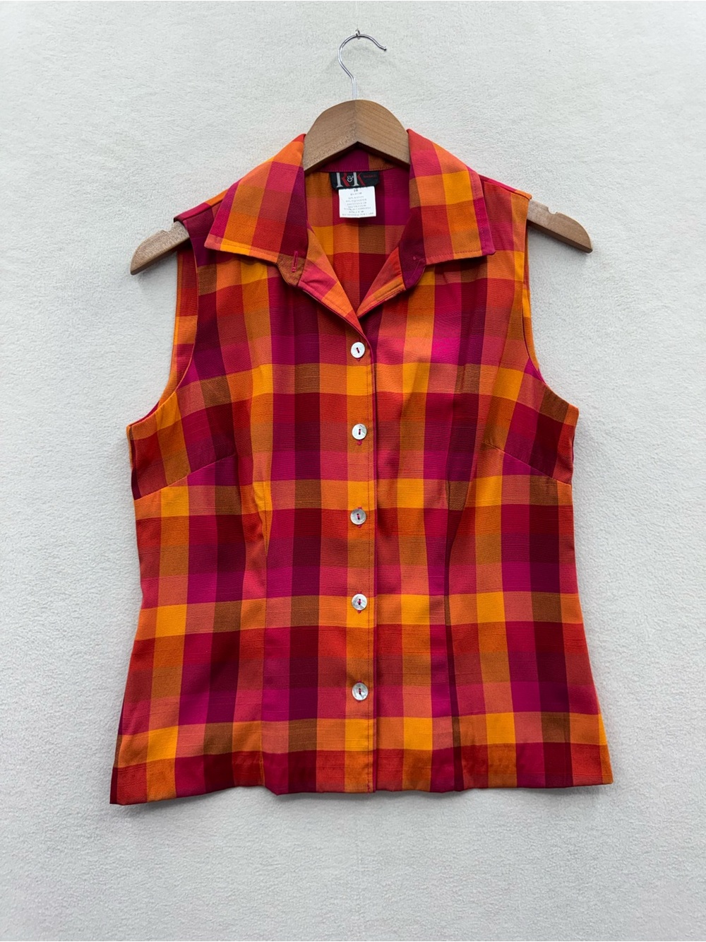 R&K Originals Top Women’s 10 Pink Orange Multicolor Plaid Button Up Casual Shirt